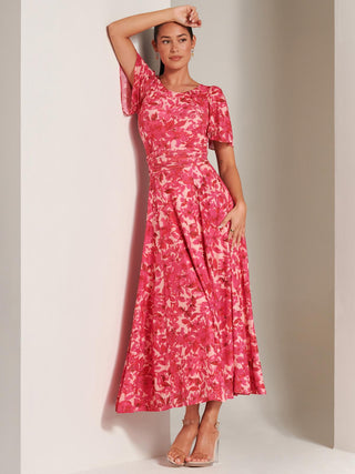 Floral Print Mesh Maxi Dress, Pink Multi, Short Sleeve Dress, Angel Sleeves, Self Tie Waist, Pink Summer Dress, Front Side