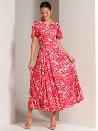 Floral Print Mesh Maxi Dress, Pink Multi, Short Sleeve Dress, Angel Sleeves, Self Tie Waist, Pink Summer Dress, Flowy Dress, Front Side