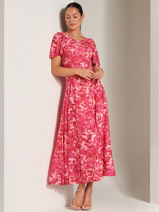 Elvira Print Mesh Maxi Dress, Pink Multi, Floral Print, Short Sleeves, Front Side
