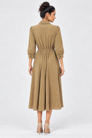 V Neck Shirt Woven Midi Dress, Tan Brown