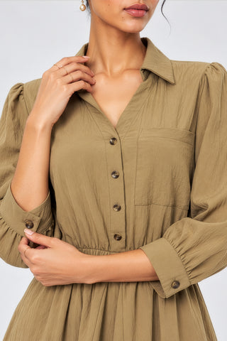 V Neck Shirt Woven Midi Dress, Tan Brown