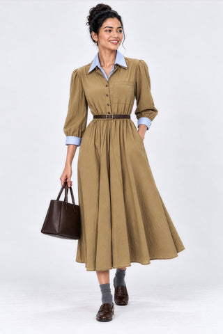 V Neck Shirt Woven Midi Dress, Tan Brown