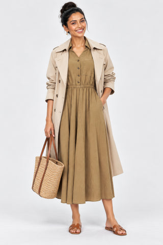 V Neck Shirt Woven Midi Dress, Tan Brown