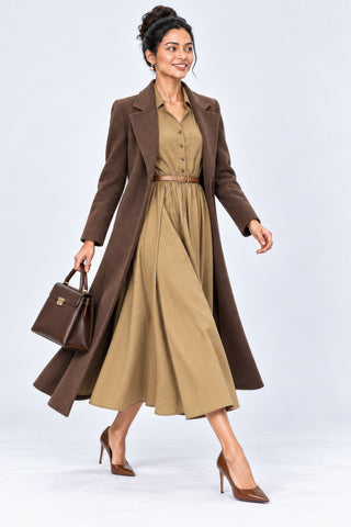 V Neck Shirt Woven Midi Dress, Tan Brown