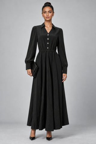 V-Neck Full Skirt Woven Maxi Dress, Black