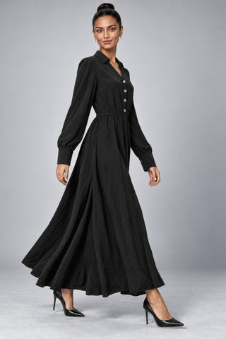 V-Neck Full Skirt Woven Maxi Dress, Black