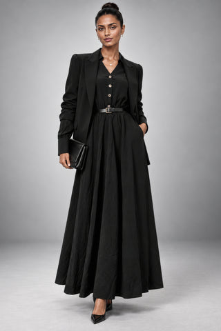 V-Neck Full Skirt Woven Maxi Dress, Black