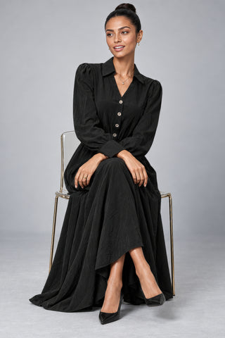 V-Neck Full Skirt Woven Maxi Dress, Black