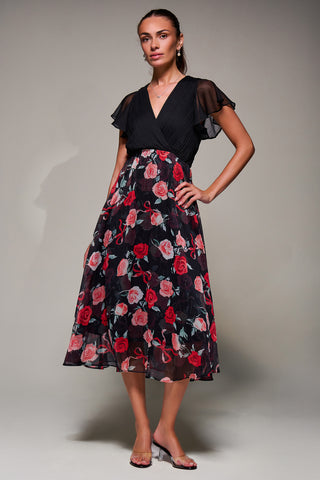 Two Tone Chiffon Midaxi Dress, Red Floral Two Tone Chiffon Midaxi Dress, Red Floral