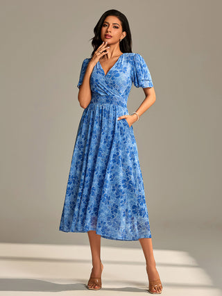 Flutter Sleeve Mesh Maxi Dress, Blue Abstract