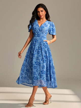 Flutter Sleeve Mesh Maxi Dress, Blue Abstract