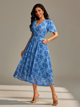 Flutter Sleeve Mesh Maxi Dress, Blue Abstract