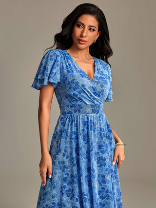 Flutter Sleeve Mesh Maxi Dress, Blue Abstract