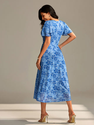 Flutter Sleeve Mesh Maxi Dress, Blue Abstract