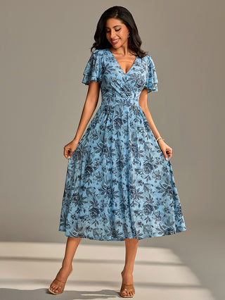 Flutter Sleeve Mesh Maxi Dress Blue Floral