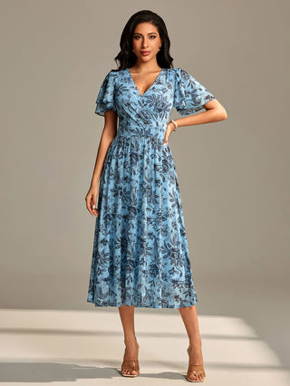 Flutter Sleeve Mesh Maxi Dress Blue Floral