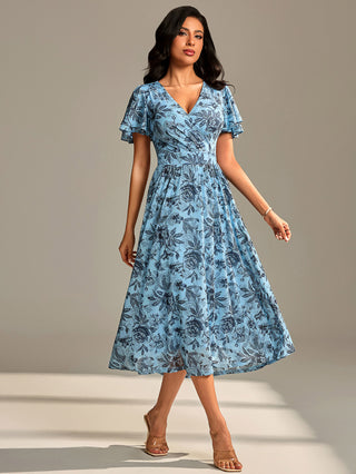 Flutter Sleeve Mesh Maxi Dress Blue Floral