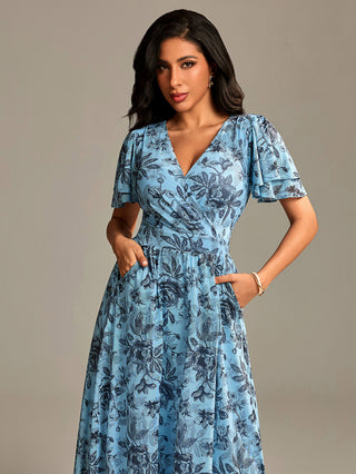 Flutter Sleeve Mesh Maxi Dress Blue Floral