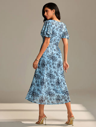 Flutter Sleeve Mesh Maxi Dress Blue Floral