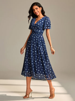 Flutter Sleeve Mesh Maxi Dress, Navy Spot