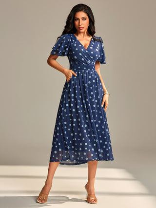 Flutter Sleeve Mesh Maxi Dress, Navy Spot