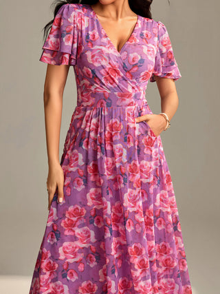 Flutter Sleeve Mesh Maxi Dress, Purple floral