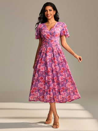 Flutter Sleeve Mesh Maxi Dress, Purple floral