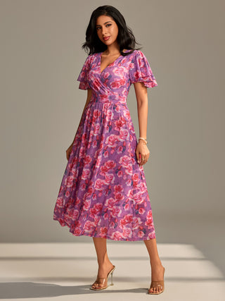 Flutter Sleeve Mesh Maxi Dress, Purple floral