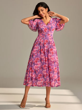 Flutter Sleeve Mesh Maxi Dress, Purple floral