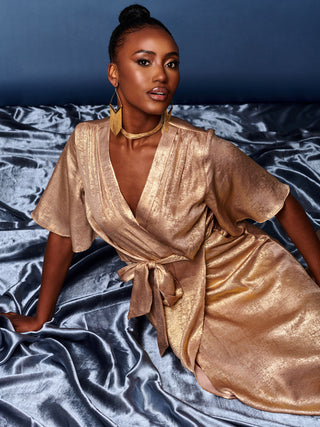 Metallic Effect Wrap Maxi Dress, Gold Jolie Moi Retail Metallic Effect Wrap Maxi Dress, Gold Jolie Moi Retail