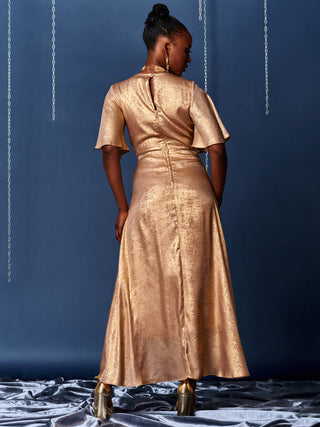 metallic gold wrap dress Metallic Gold Long Sleeve Maxi Wrap Dress