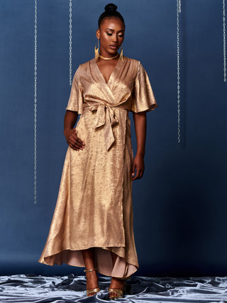 Metallic Effect Wrap Maxi Dress, Gold
