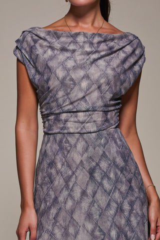 Lace Asymmetrical Draped Midaxi Dress, Purple Abstract