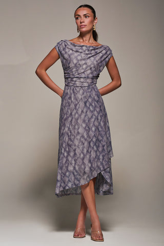 Lace Asymmetrical Draped Midaxi Dress, Purple Abstract