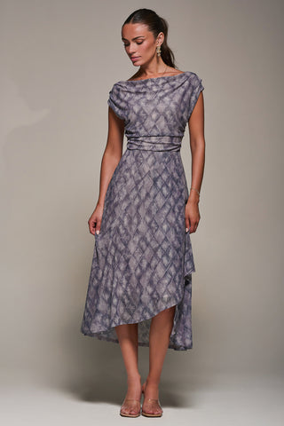 Lace Asymmetrical Draped Midaxi Dress, Purple Abstract