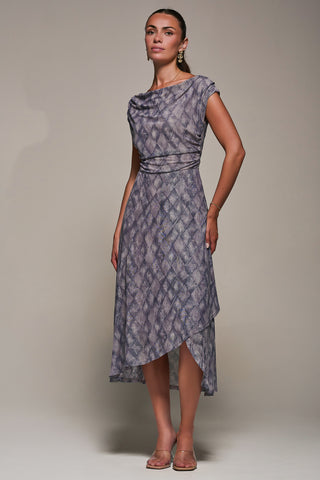 Lace Asymmetrical Draped Midaxi Dress, Purple Abstract