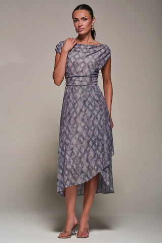 Lace Asymmetrical Draped Midaxi Dress, Purple Abstract