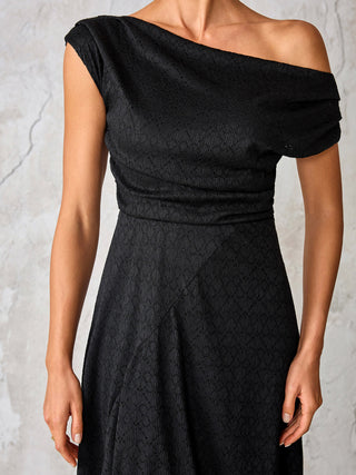 Textured Asymmetrical Draped Midaxi Dress,  Black