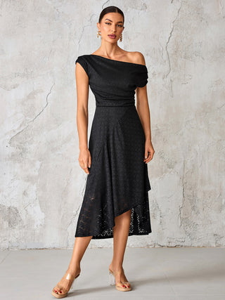 Textured Asymmetrical Draped Midaxi Dress,  Black