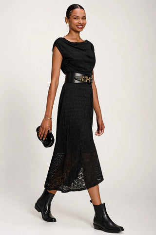 Textured Asymmetrical Draped Midaxi Dress,  Black
