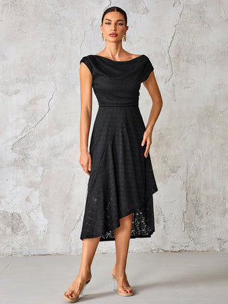 Textured Asymmetrical Draped Midaxi Dress,  Black