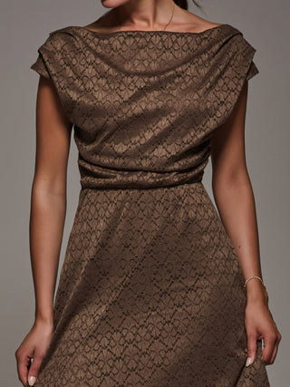 Textured Asymmetrical Draped Midaxi Dress, Brown