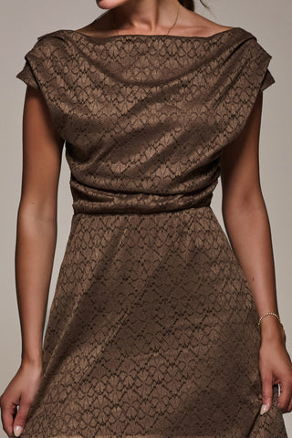 Textured Asymmetrical Draped Midaxi Dress, Brown