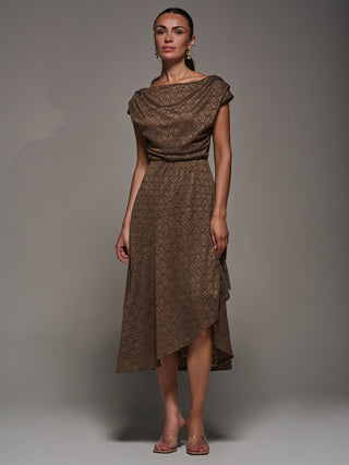Textured Asymmetrical Draped Midaxi Dress, Brown