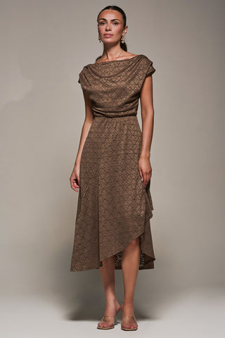 Textured Asymmetrical Draped Midaxi Dress, Brown