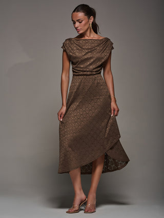 Textured Asymmetrical Draped Midaxi Dress, Brown