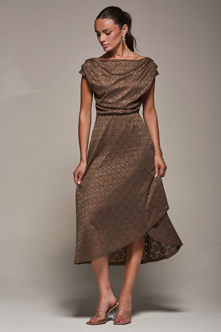 Textured Asymmetrical Draped Midaxi Dress, Brown
