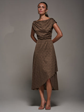 Textured Asymmetrical Draped Midaxi Dress, Brown