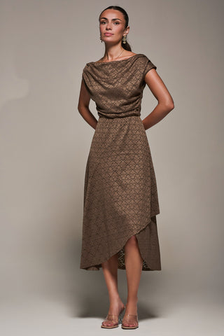 Textured Asymmetrical Draped Midaxi Dress, Brown
