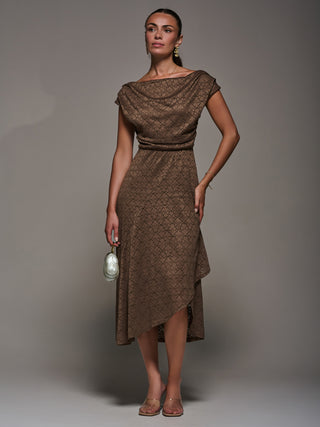 Textured Asymmetrical Draped Midaxi Dress, Brown